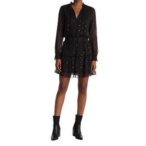 NSR NWT Black & Silver Chiffon Swiss Dot Long Sleeve Edgy Ruffle Mini Dress S